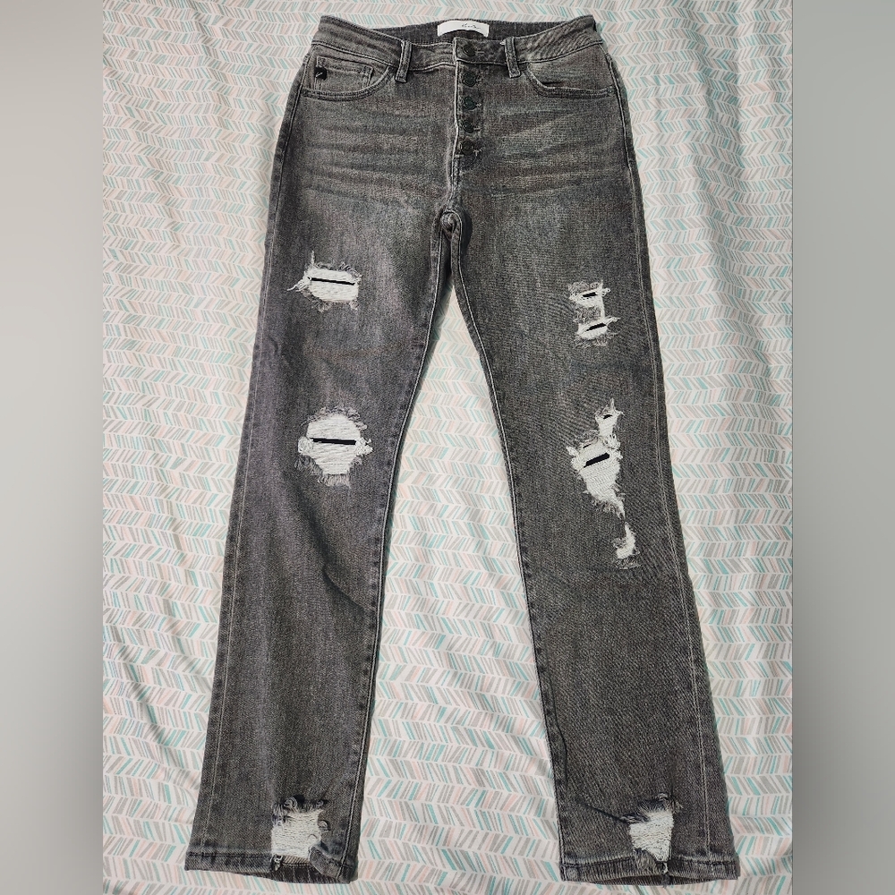 KanCan Charcoal Distressed Straight Leg Jeans